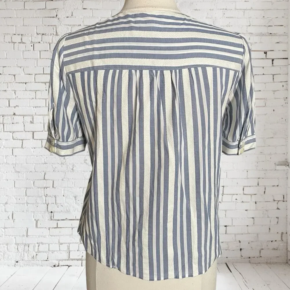 Madewell Plaza Blouse Size S Blue Stripe Button Up Shirt Puffed Sleeve‎ Preppy